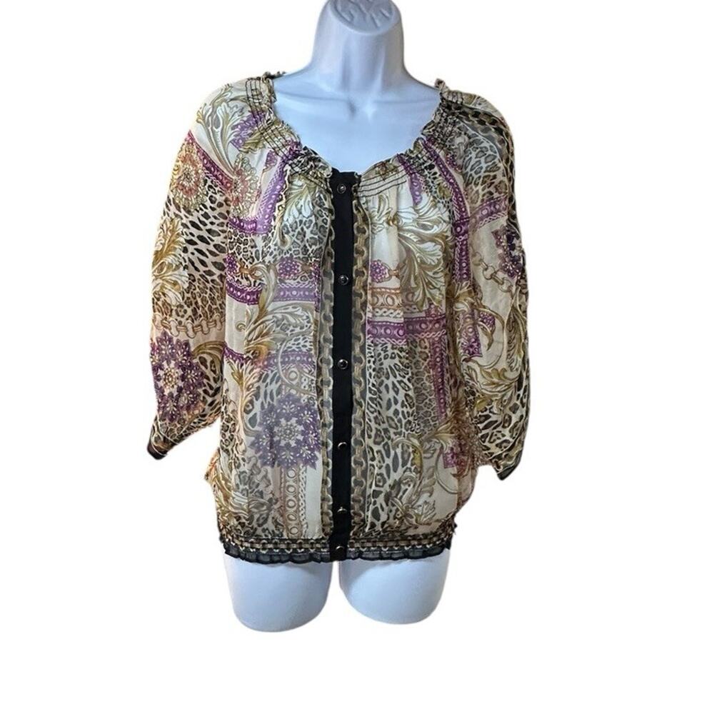Vintage Cache Sheer Blouse Animal Print Patchwork Scarf Pattern Y2K Boho Top M